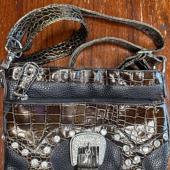 Western Style Rhinestone Faux Reptile Skin Black Silver Crossbody Bag Purse - Picture 3 of 9